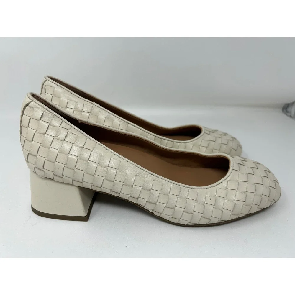 Gentle Souls By Kenneth Cole Woven Leather Block Heel Pumps Cream Shoes Sz 9.5 - Picture 2 of 9